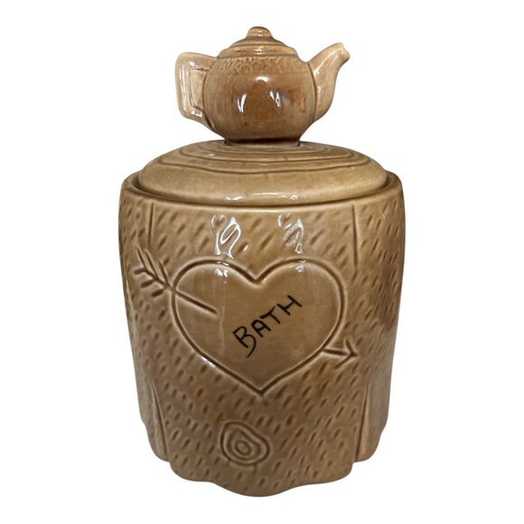 Vintage Ceramic Teapot-Top Tea Canister – 5.5” Tall – “Tea Time” & “Bath” Heart - Picture 2 of 7